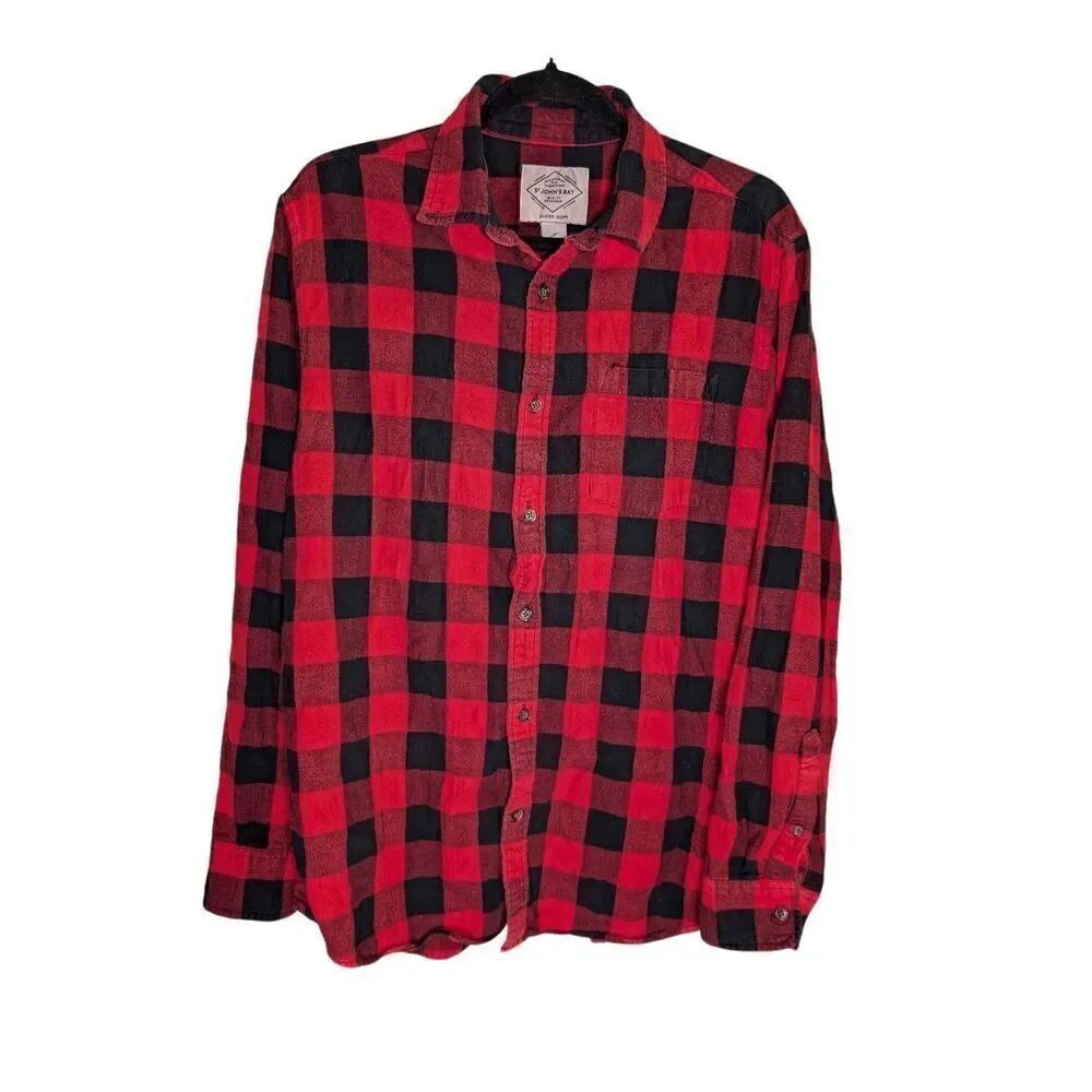 St Johns Bay Weight 100% Cotton Long Sleeve Shirt Red and Black Men's Large